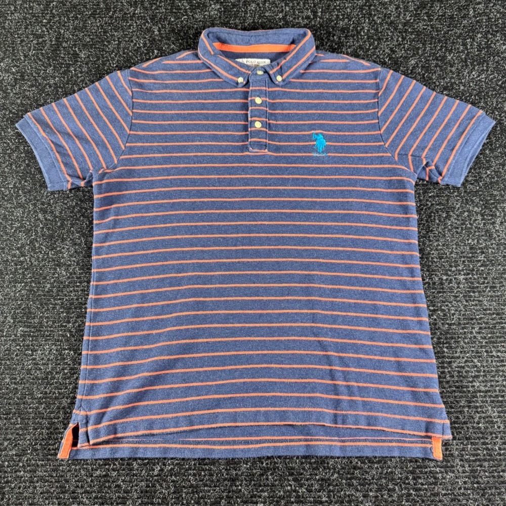 US Polo Assn Mens Medium Blue Orange Striped Short Sleeve Pique Polo Shirt Logo